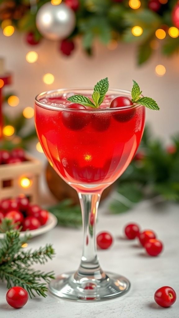 A festive vodka cocktail with cranberries and mint in a holiday setting.